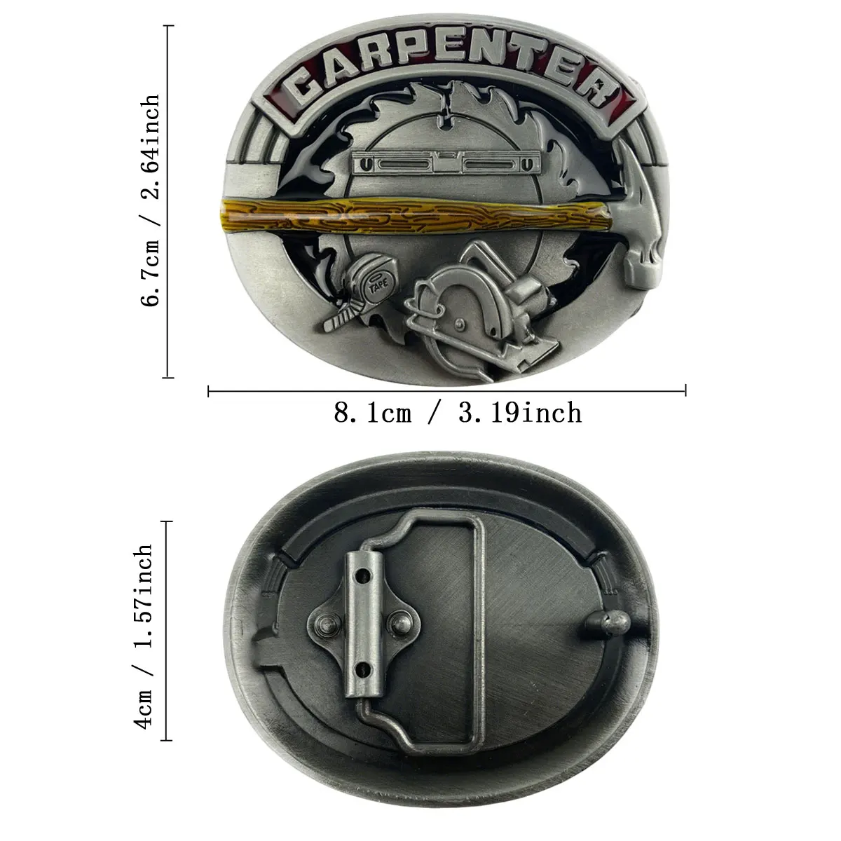 Oval Woodworking Carpenter Belt Buckle - Retro Western Cowboy Style Embossed Red Belt Buckle for Men