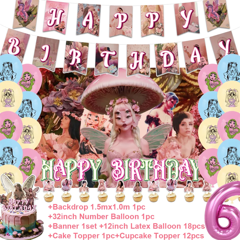Melanie Martinez Theme Brithday Party Decoration Pink Balloon Banner Cake Topper Background Pop Singer Supplies For Music Fans