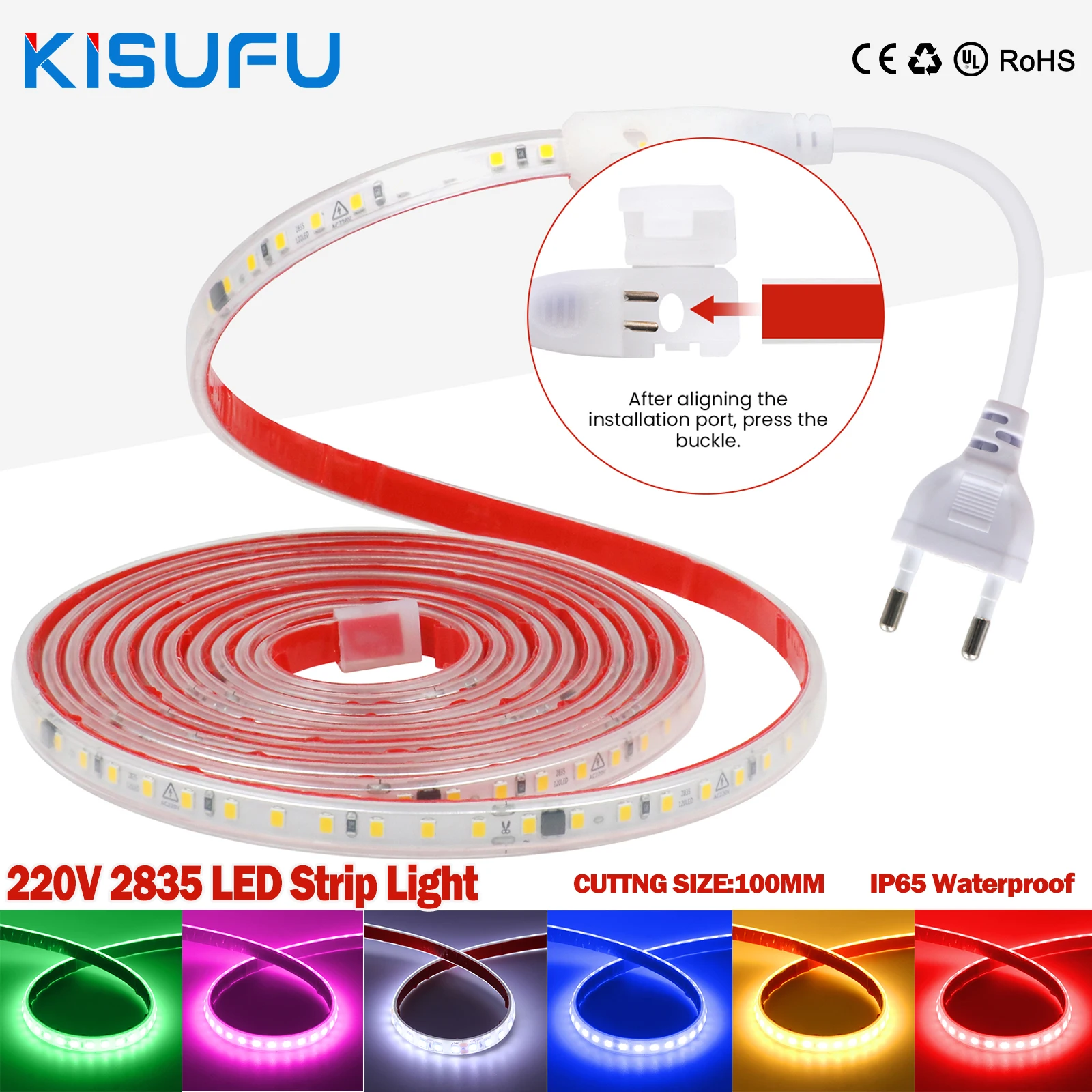 AC 220V 2835 LED Strip Light EU Power Kit 120LED High Brightness Flexible Led Tape Diode Lamp Waterproof Home Lighting 9 Colors