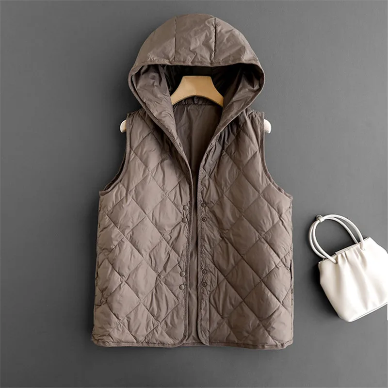 Autumn Winter Ultra Light White Duck Down Vest Jacket Women Hooded Down Waistcoat Coat Ladies Rhombic Lattice Sleeveless Tank