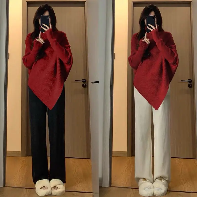 High Neck Knit Pullovers Women Fall Winter Korean Casual Loose Asymmetric Long Sleeve Sweater Tops 4 Colors