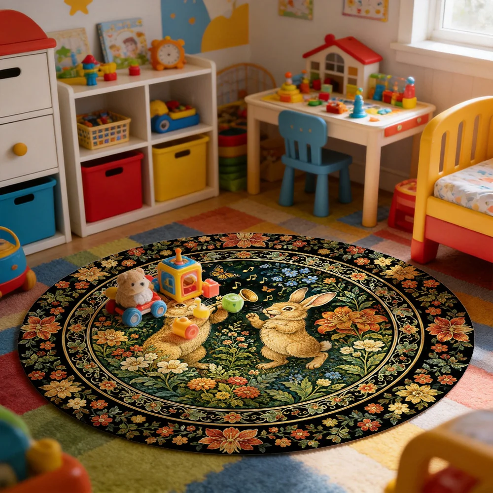Vintage Music Scene Rabbit Playing Flute Round Area Rug Bohemian Cottage Style Nursery Decor