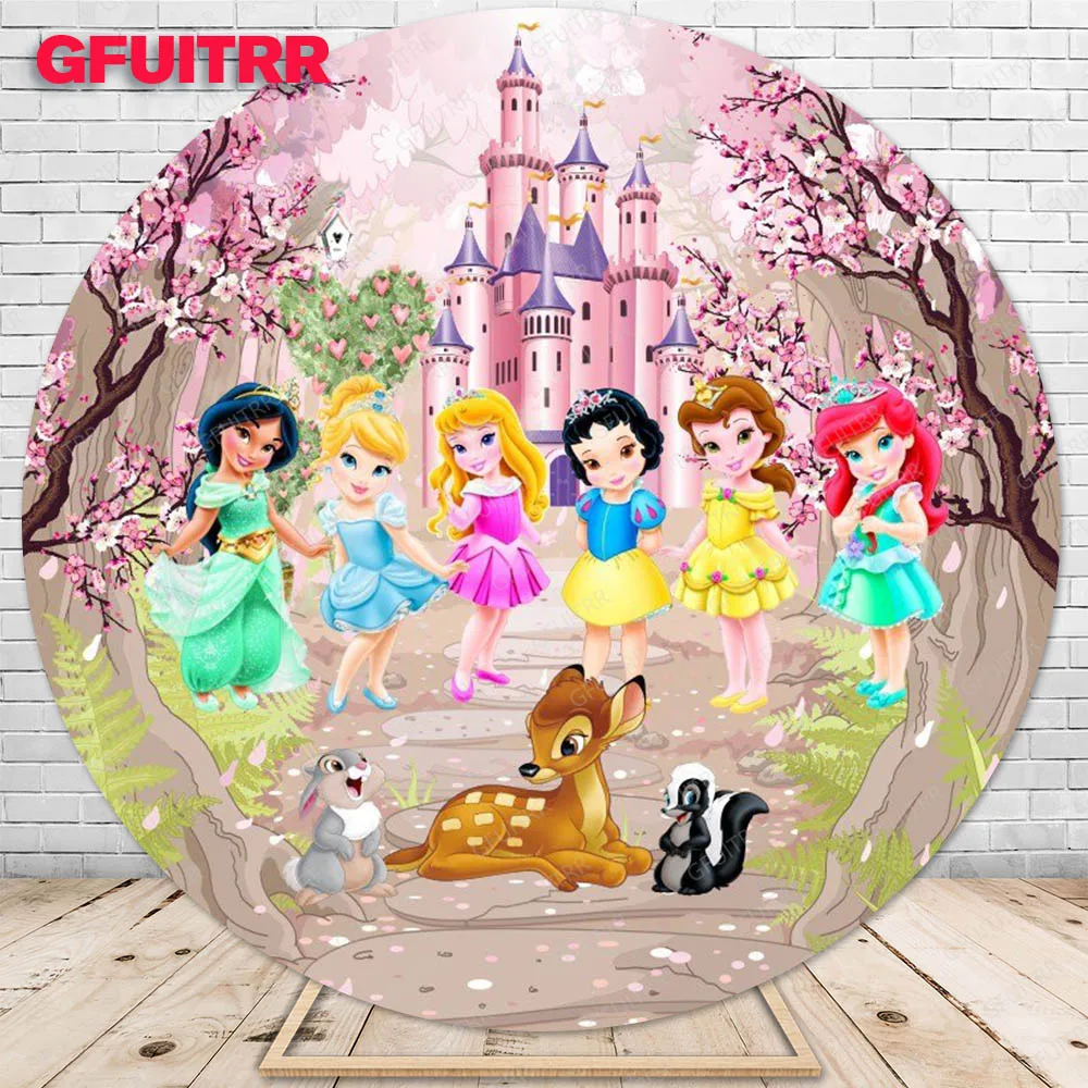 Disney Little Princess Backdrop Round Family Portrait Kid Birthday Party Decoration Photography Background Baby Shower Booth