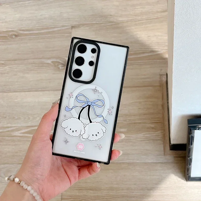 Cute White Dog Black Border Magnetic Acrylic Protective Case for Samsung Galaxy S22 U S23U S24 Ultra S24+ Plus Shell