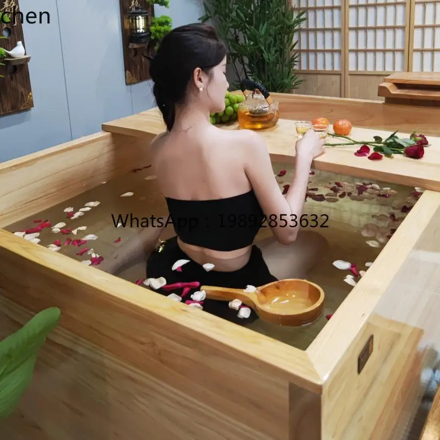 Bathroom Hinoki Wood Bathtub Soaking Square Tub Bathing Shower