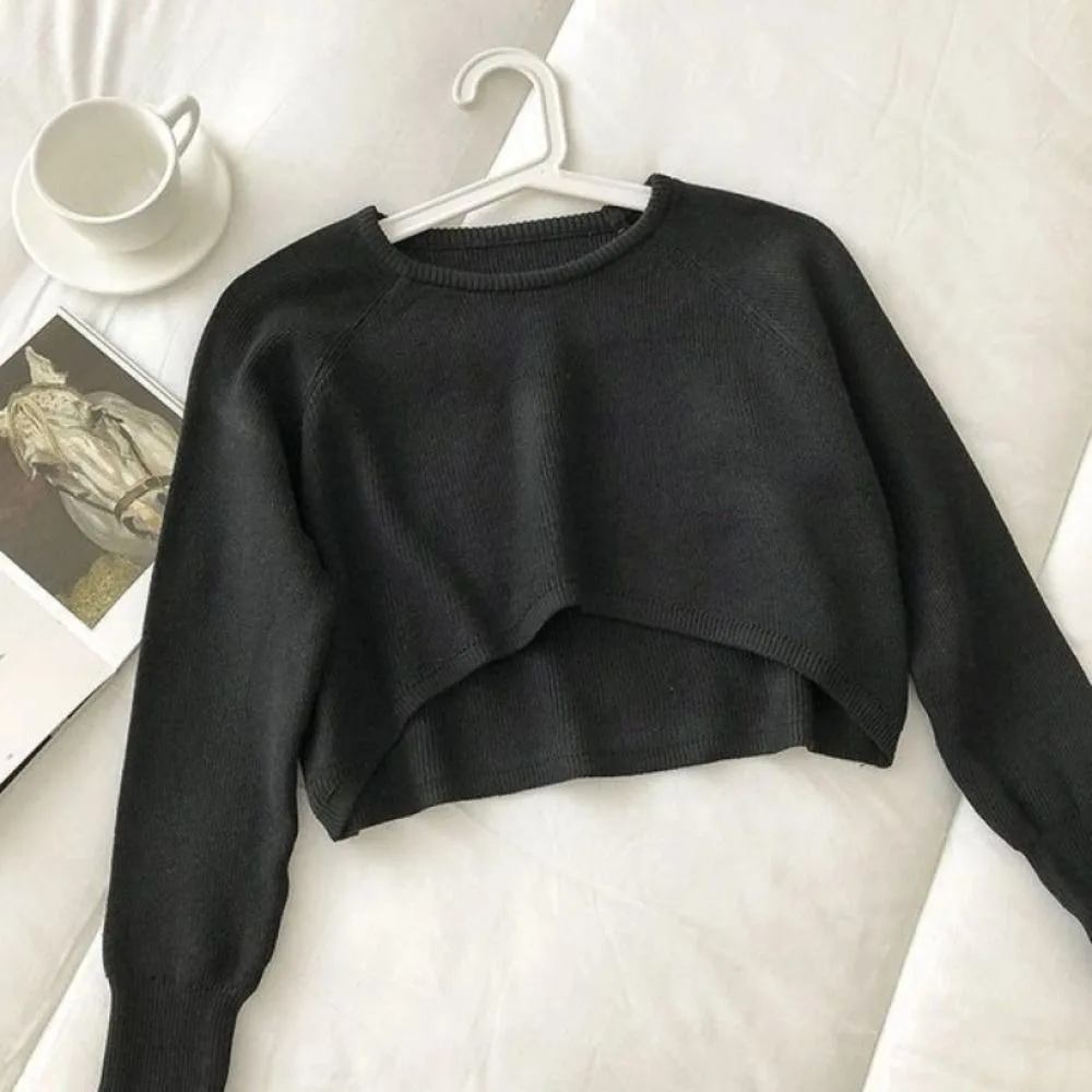 

Simple Long Sleeve Knit Short T-shirt Loose Autumn Crochet Knitwear Sweater Korean Style Cover Up Crop Top Women