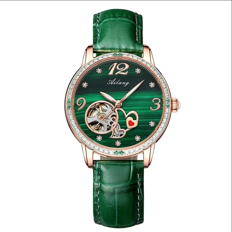 AILANG Luxury Women Skeleton Automatic Mechanical Wristwatch, Green Dial Diamond Accents Luminous Waterproof Ladies Watch