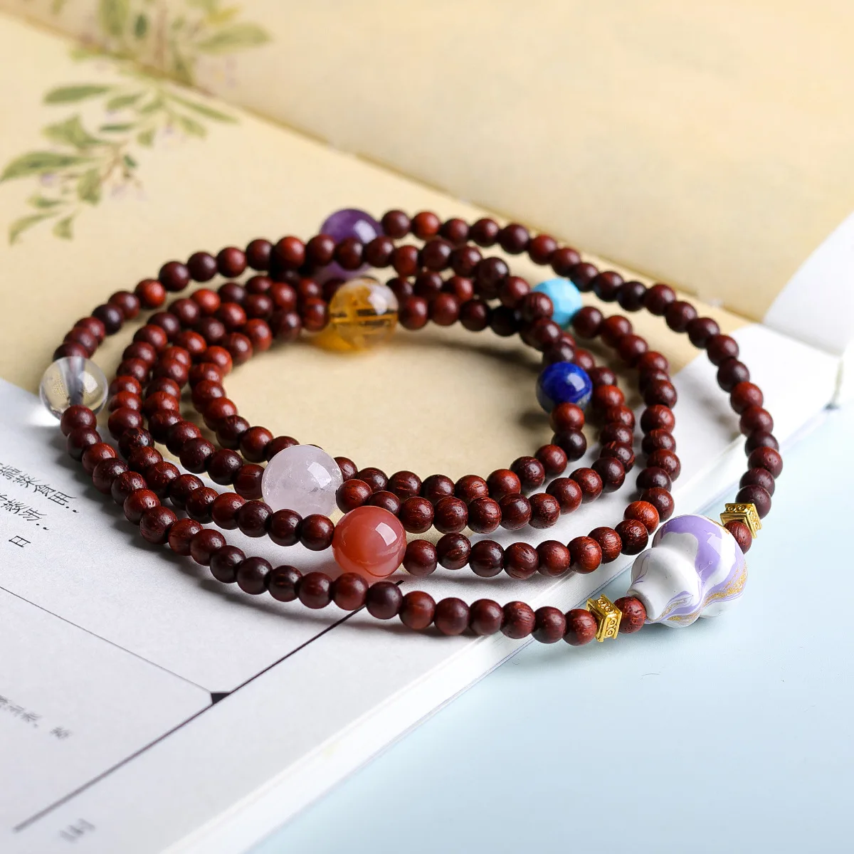 Blood Sandalwood Multi Treasure Bracelet Lacquer Gourd Natural Clear Amethyst Lapis Lazuli Chinese Style Bracelet Gifts