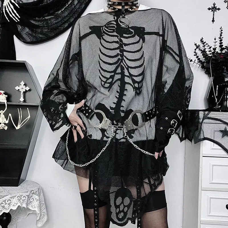 

Dark Skeleton Lace Cloak Gothic Punk Outerwear Halloween Outfit Hollow Outerwear Hoodie
