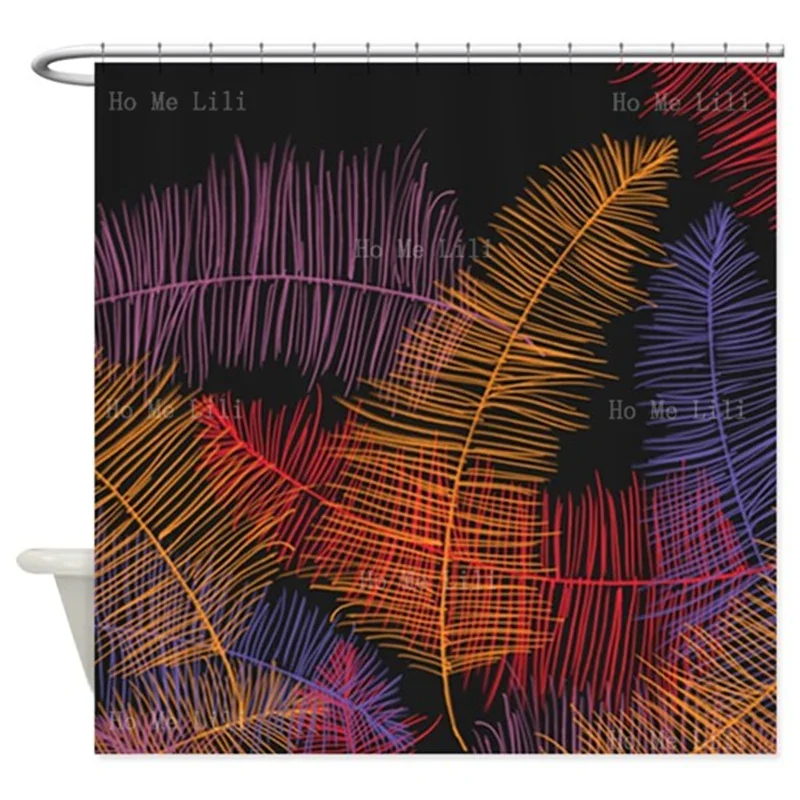 Multicolored Feather Line Leaves Placed Irregularly Highlight A Black Background Design Shower Curtain With Hooks