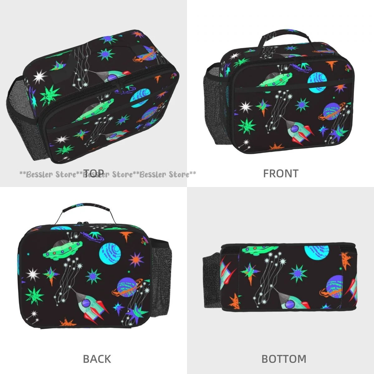 Hand Tote Insulated Lunch Bag Space Alien Spaceship And Rocket Planets Stars Thermal Bento Box Handbag for Picnic