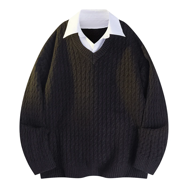 

Искусственный свободный свитер из двух частей, мягкий вязаный топ, винтажный консервативный стиль, искусственный воротник рубашки из двух частей