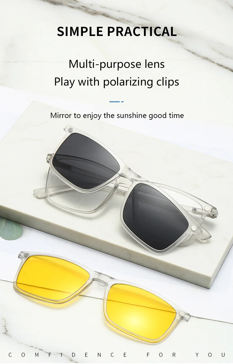 Transparente Damen-Sonnenbrille mit quadratischem Rahmen, 6-in-1-Brille mit magnetischem Clip, polarisierte Nachtsichtbrille für Herren – Detail 2