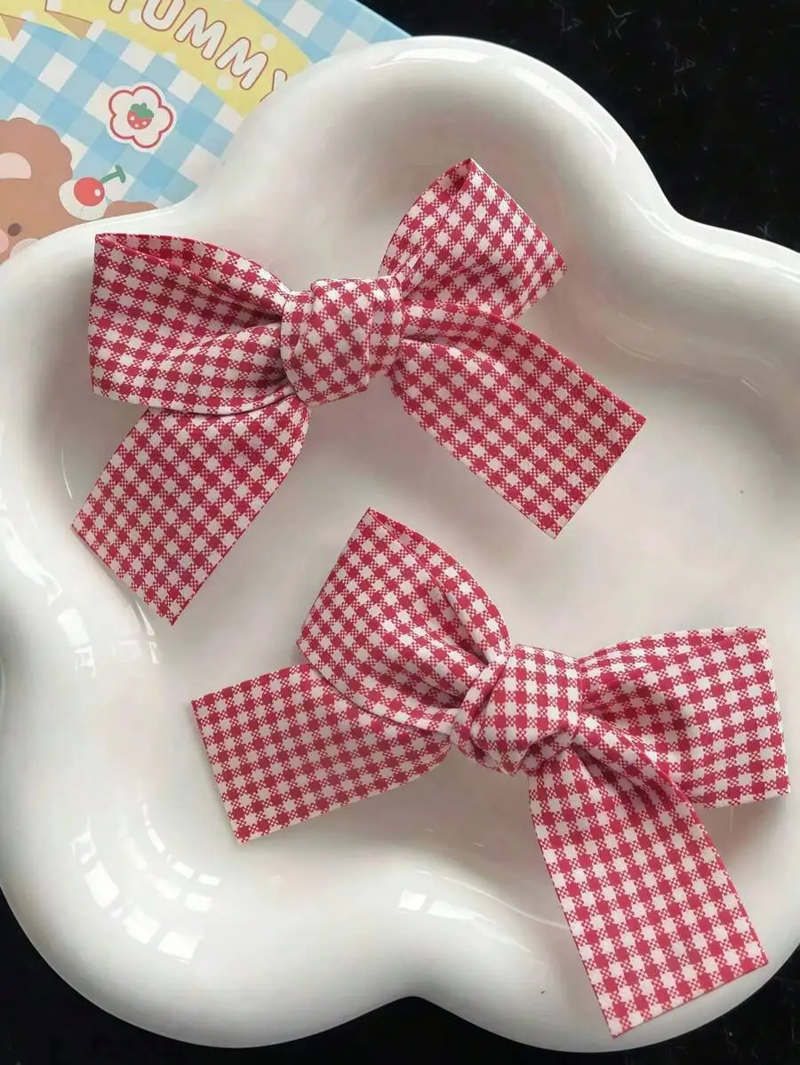 

2pcs Red White Plaid Bow Hair Clips Fabric Hairpins Sweet Hair Accessories For Women