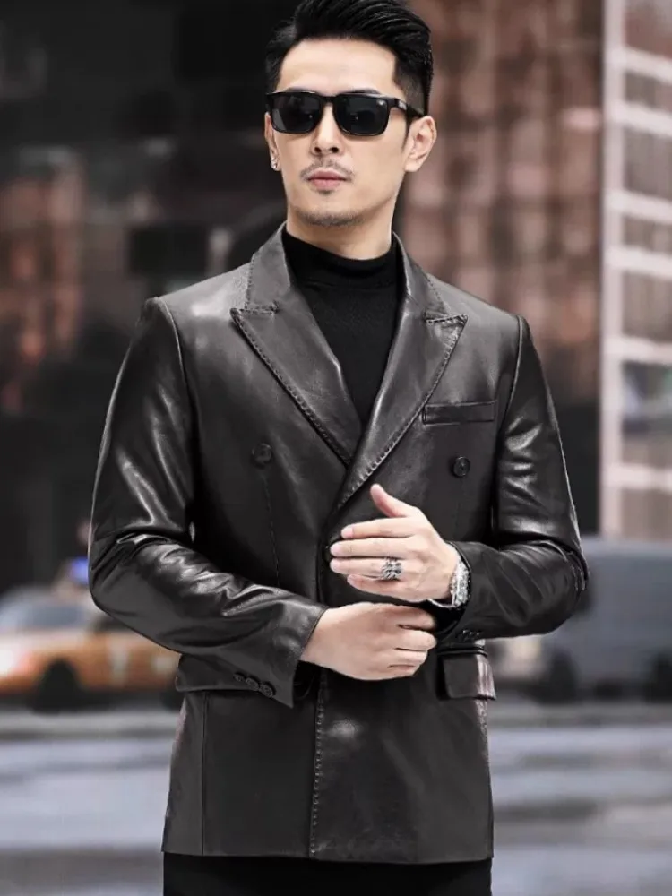 Business Casual Office Men Double Breasted Genuine Leather Suit Jacket Autumn Long Sleeve Mens Work Real Sheepskin Blazers Coat