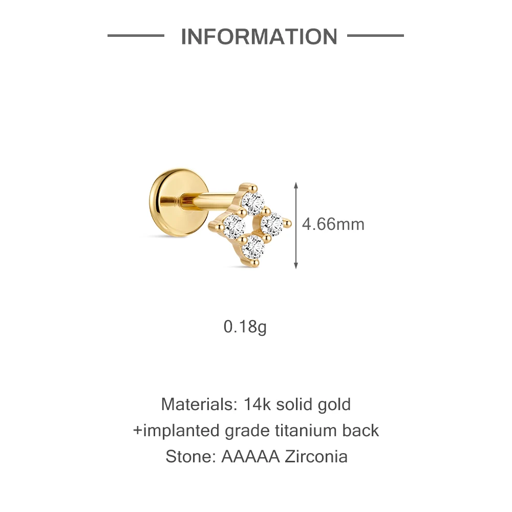 Aide 14K Solid Gold Hypoallergenic CZ Piercing Studs Star Flower Linear Cartilage Earrings for Sensitive Ears Fine Jewelry 1pc