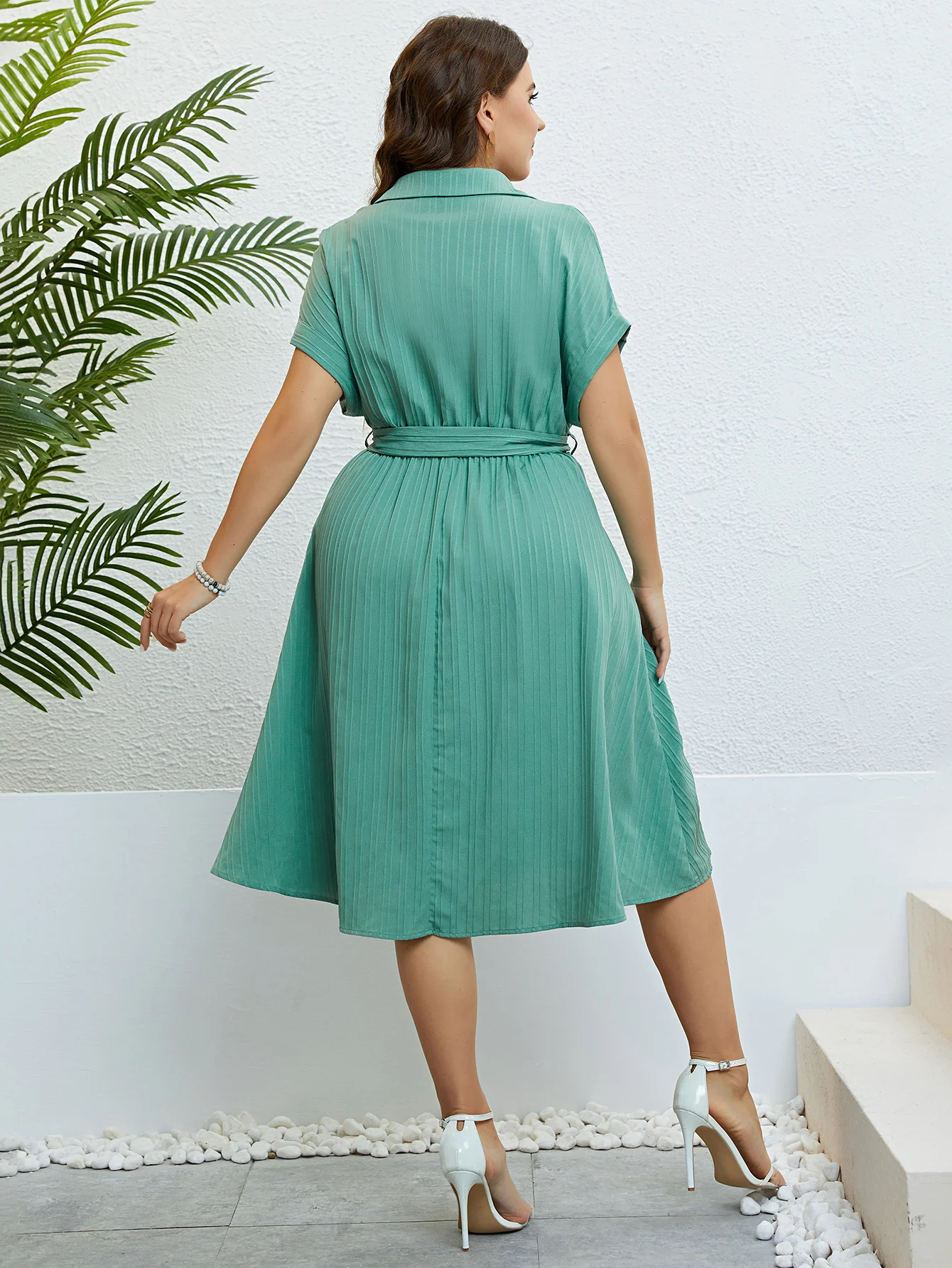 Turndown Collar Button Belt Female Midi Oversized Dresses Urban Casual Short Sleeve Summer Dress For Women Plus Size Clothing