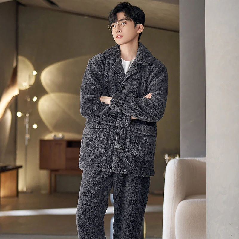 Autumn and Winter New Sleepwear Men's Thickened, Plushed, Loose, Long Plush, Large Size Youth Cardigan, Front Button Home Fur