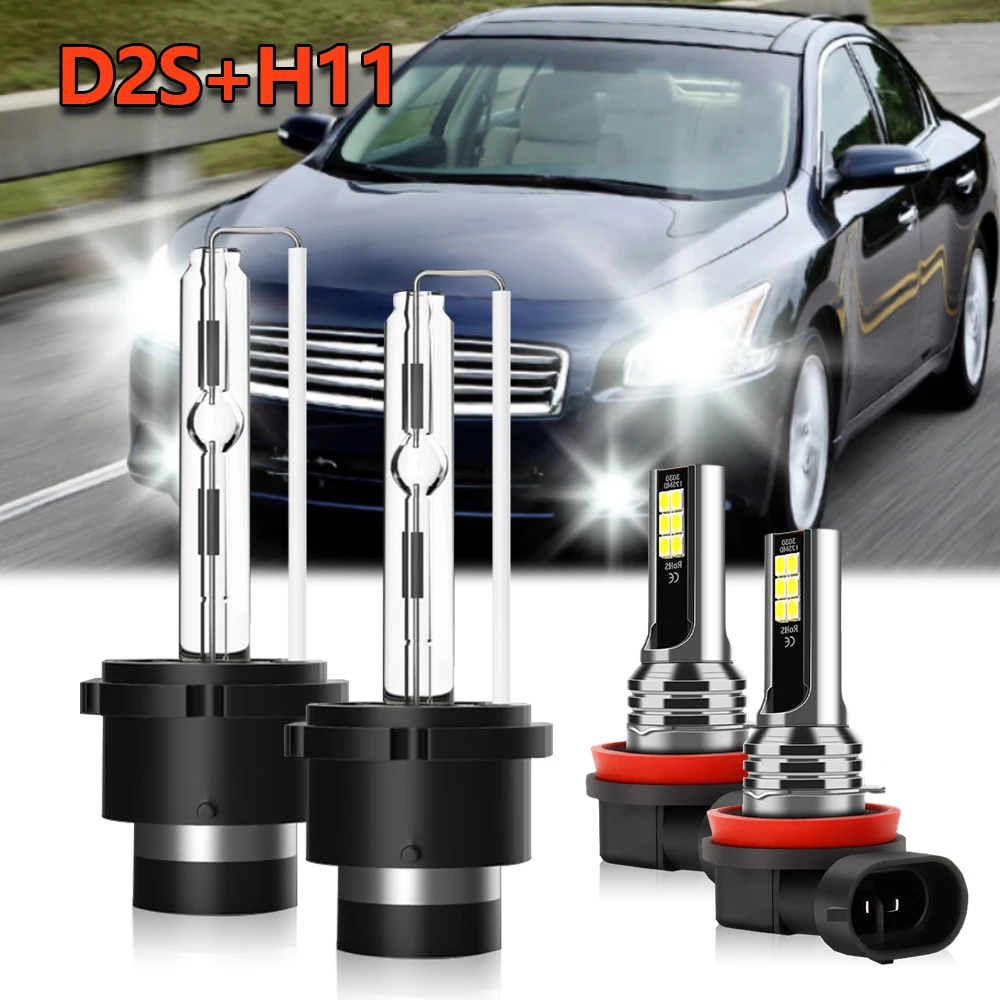 

6000K D2S H11 HID Xenon Headlight Bulbs + LED Fog Light Car Combo Conversion Kit White For Nissan Maxima 2007 2008