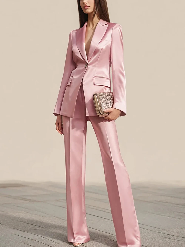 

Pink Women's 2 Piece Suit Set Satin Single Button Business Blazer Daily Office Work Outfits Straight Pantsuit Customize 여성정장
