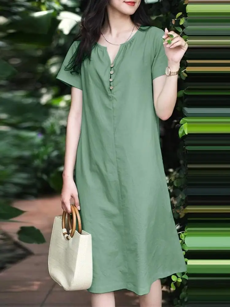 ZANZEA Summer Women Short Sleeve Dress Fashion V-Neck Party Holiday Vestidos Robe Femme Casual Loose Cotton Sundress Oversize