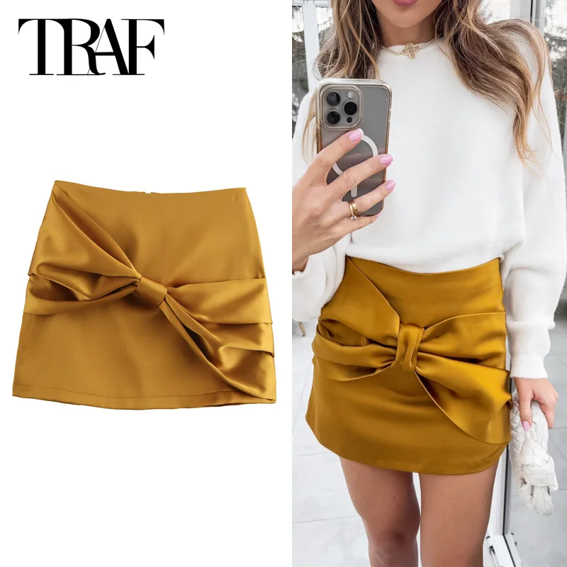 

TRAF Золотые юбки-бабочки Женская юбка Мини-юбки с высокой талией 2024 Элегантная вечерняя юбка Короткие юбки с бантом Модная повседневная юбка