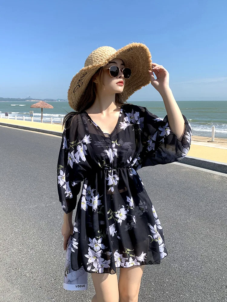 Women 3 pieces sets swimsuit dress 2026 new conservative, concealing slim sun protection floral print outfit women's clothing