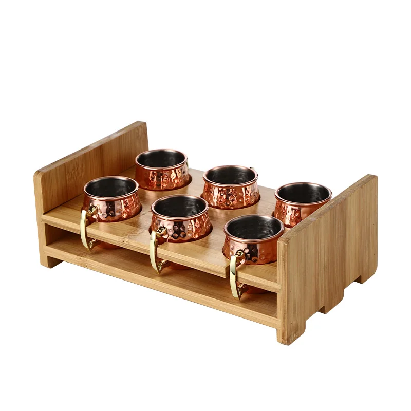 6pcs/set 60ML Mini Mugs Moscow Mule Mug With Wooden Holde Cocktail Cups Stainless Steel Hammered Copper Plated Beer Wine Mug