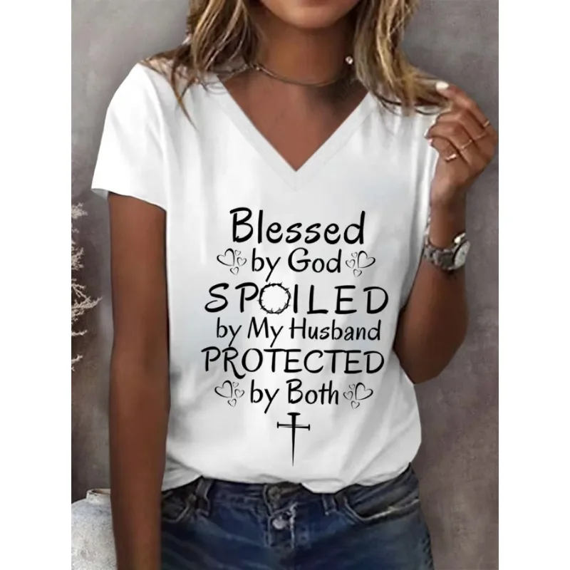 Women's Faith Print T-Shirts Casual Short Sleeve V Neck Tops Summer Tees