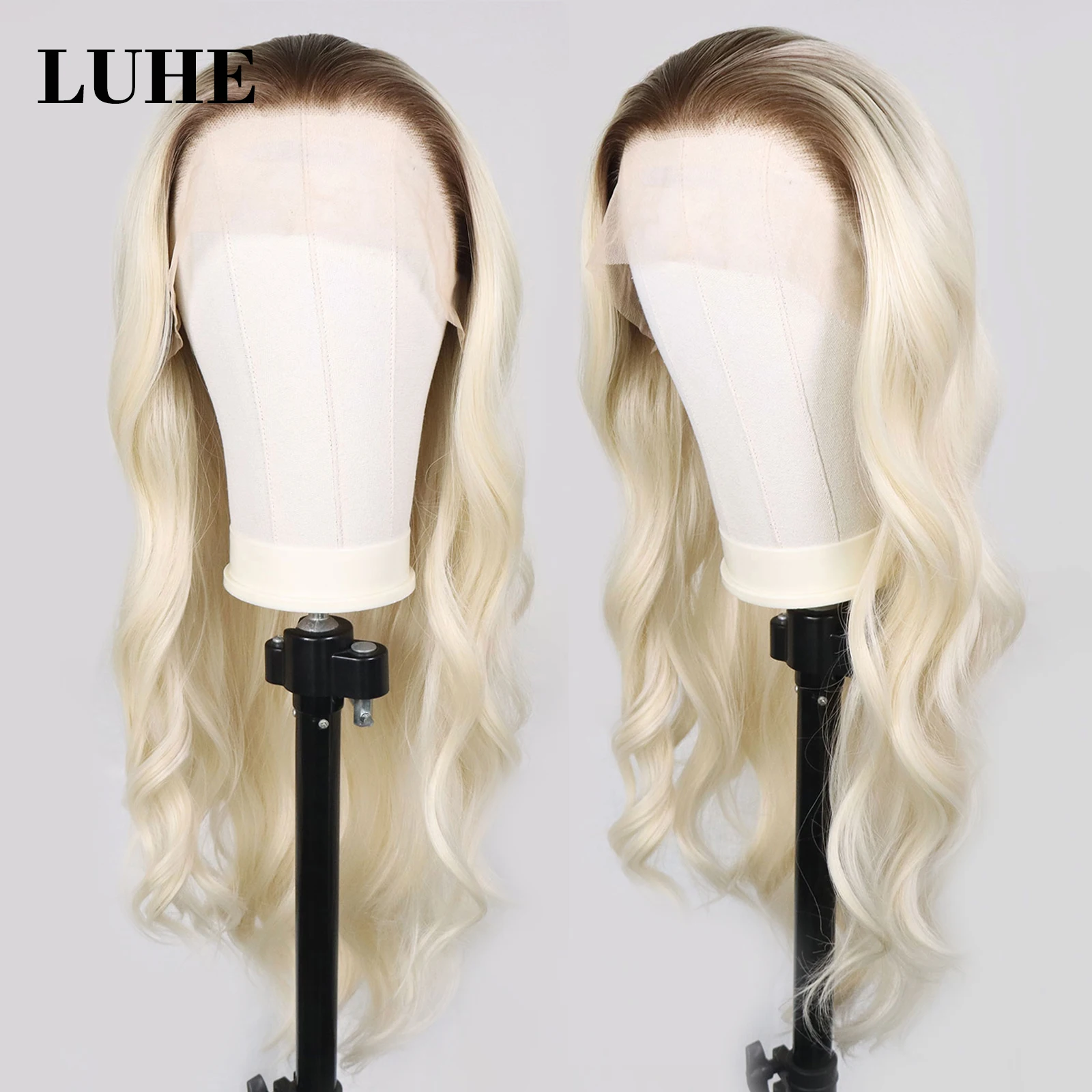 Ombre Platina Blonde Body Wave Synthetisch Haar Pruiken 13x3 Lace Front Pruiken Voor Vrouwen 30 Inch Donkere Wortel lange Golvende Kant Frontale Pruik