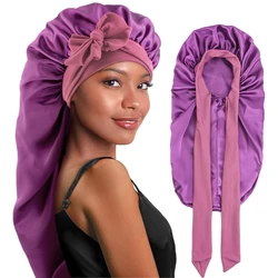 New Long Satin Braid Bonnet for Women Silky Bonnet for Sleeping Sleep Cap with Elastic Tie Band Night Cap for Long Curly Hair