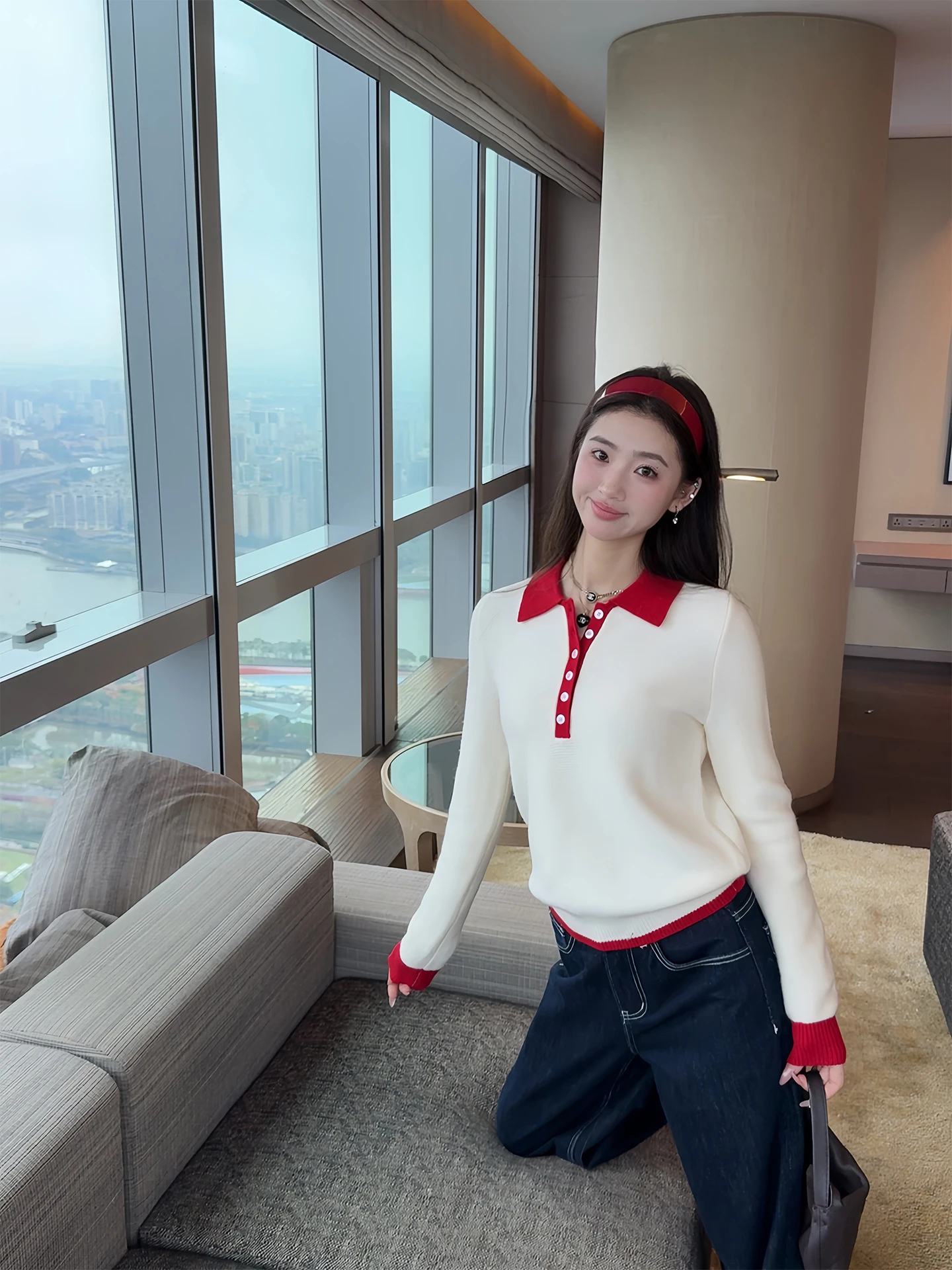 

Вязаный свитер Orange Tree Academy Sle Ne для женщин: весенний, универсальный, с отложным воротником, стройнящий, с цветовыми блоками