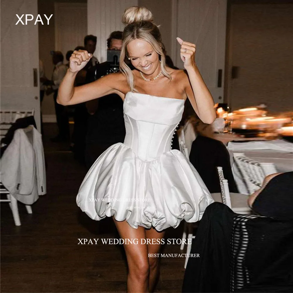 XPAY-Moderno Cetim Curto Mini Vestidos De Noiva, Strapless Draped Plissado Vestidos De Noiva, Vestido De Festa De Casamento, Vestido De Baile Curto