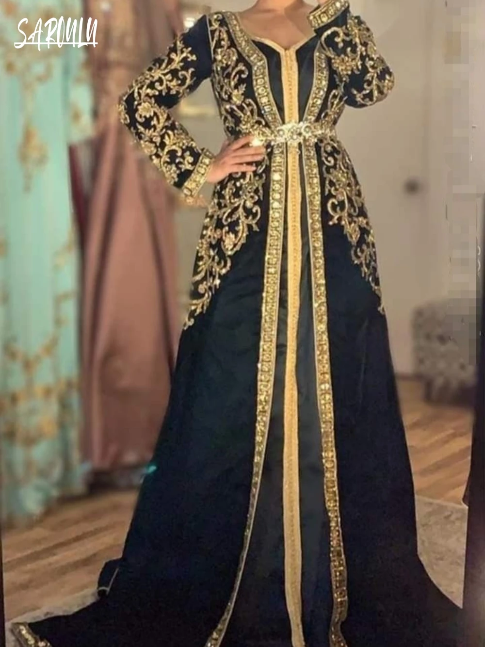 Vestidos De Noche negros con cuello en V, corte en A, caftán árabe personalizado, apliques hasta el suelo, vestido De graduación De talla grande, bata De boda