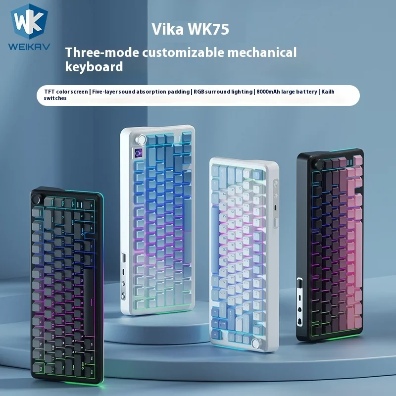 

Weikav Wk75 Индивидуальная механическая клавиатура Трехрежимная беспроводная Bluetooth Проводная прокладка Структура Музыкальный ритм