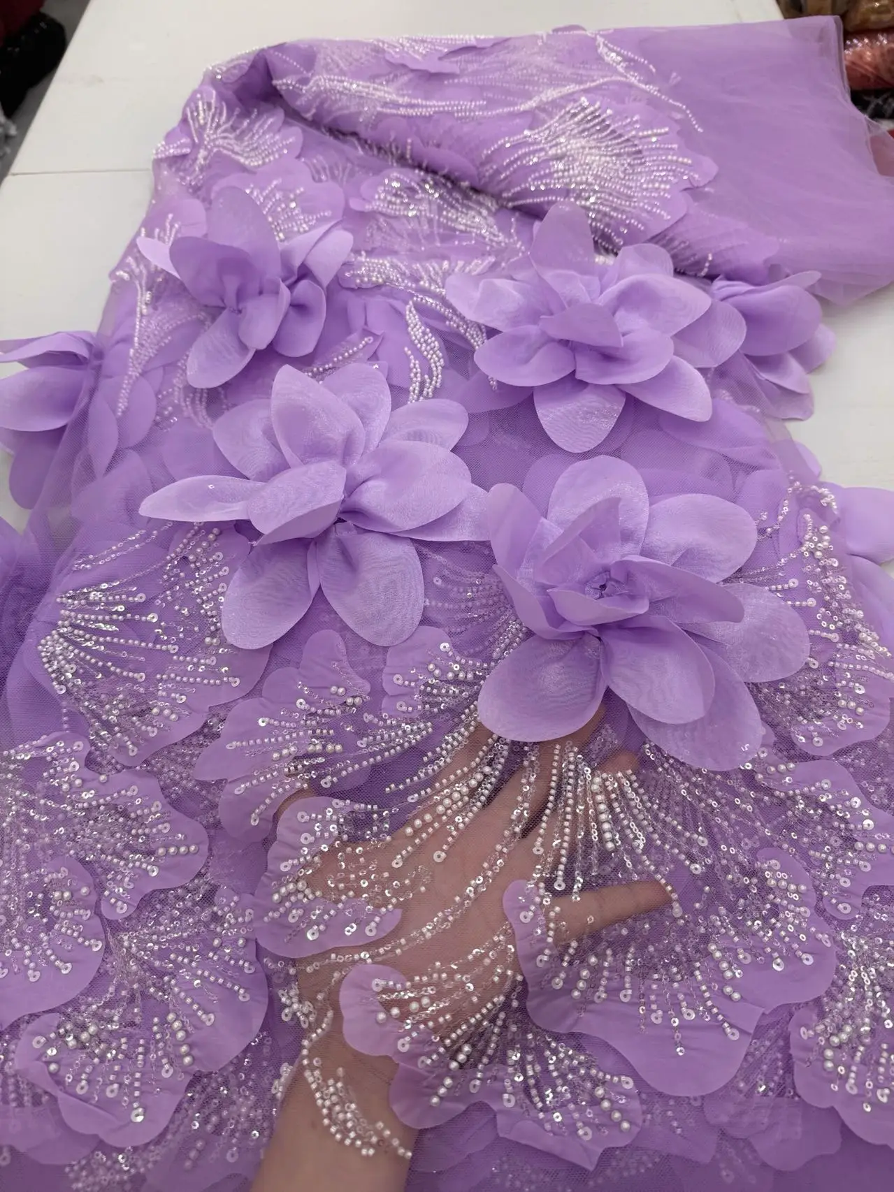 Lussuoso tessuto africano di pizzo a rete a rete 2025 fiori ricamati 3D con perline paillettes tulle francese pizzo per matrimonio nigeriano