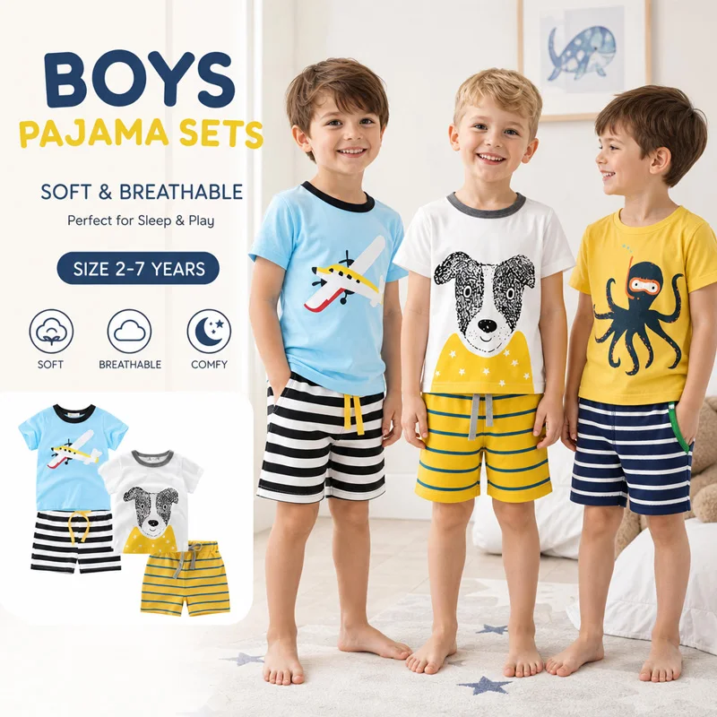 Little Hand Toddler Boys Cartoon Animal Cotton Sleepwear Short Sleeve Two Piece Home Outfit Airplane Pattern Age 2-7