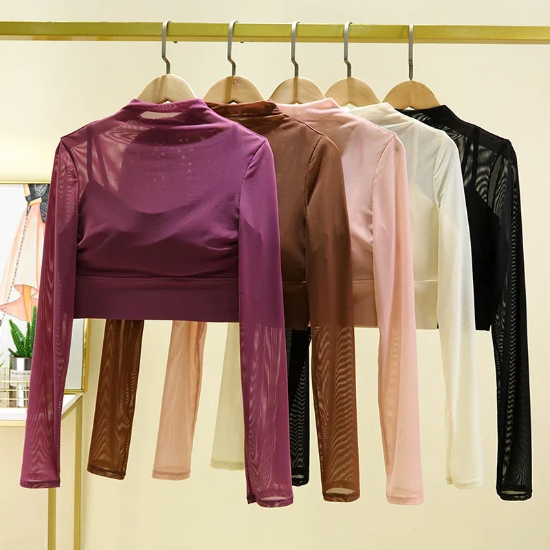 

High End Yoga Clothing T-shirt with Chest Cushion and Mesh Sexy and Slimming Yoga Long Sleeved Top Fashion Sports Fitness Top