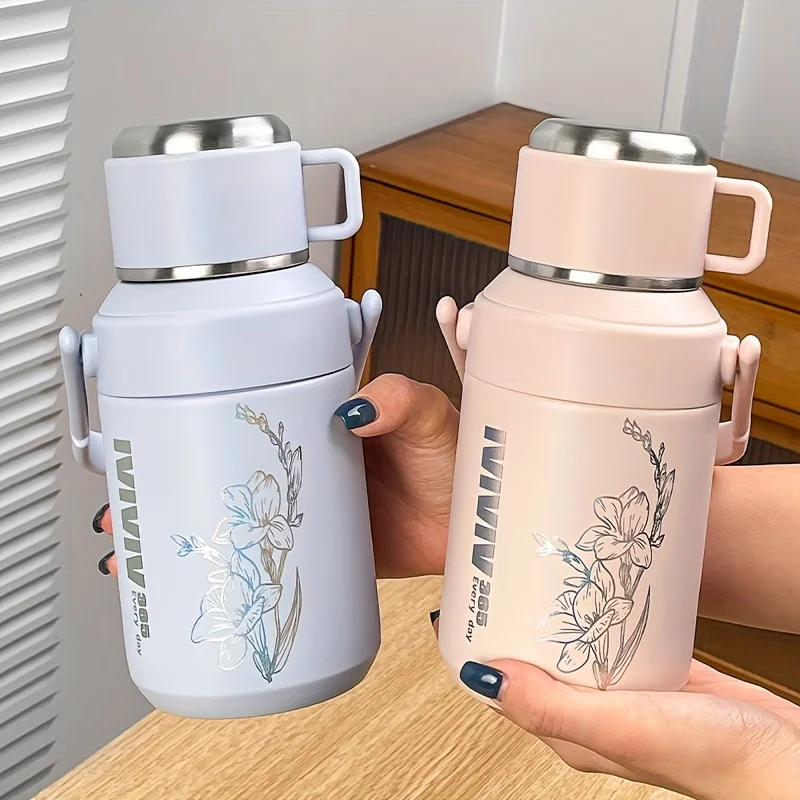 

1pc Stainless Steel Insulated Water Bottle with Lid and Handle Floral Design Suitable for Travel Office School Gift for Friend