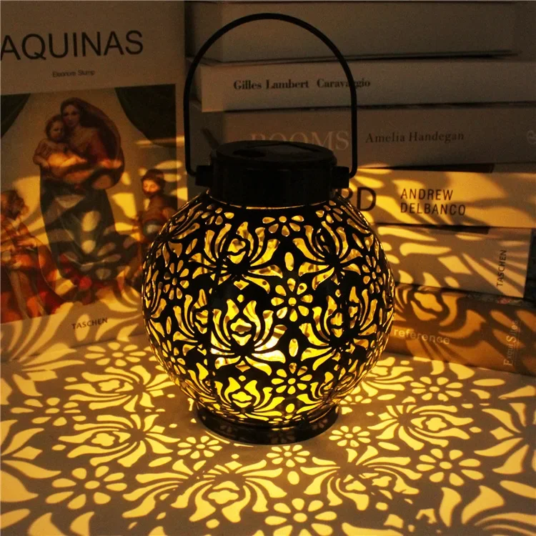 Solar Lantern Outdoor Courtyard Decoration Iron Hollow Projection Lamp round Epiphyllum Garden Lawn Hanging Lamp solar light