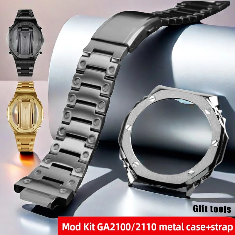 GA-2100/GA-B2100 Корпус из нержавеющей стали и комплект модов для ремешков Серебристый/Черный/Золотой-CasioOak Безель Ремешок для часов Набор обновлений браслета для G-Shock