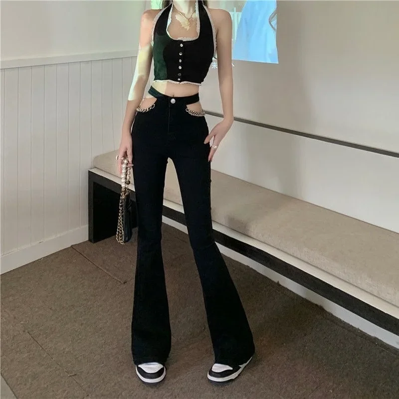 

Trousers High Waist Shot Pants for Woman Flared Women's Jeans Flare Bell Bottom Black with Pockets Original Stylish Stretched A