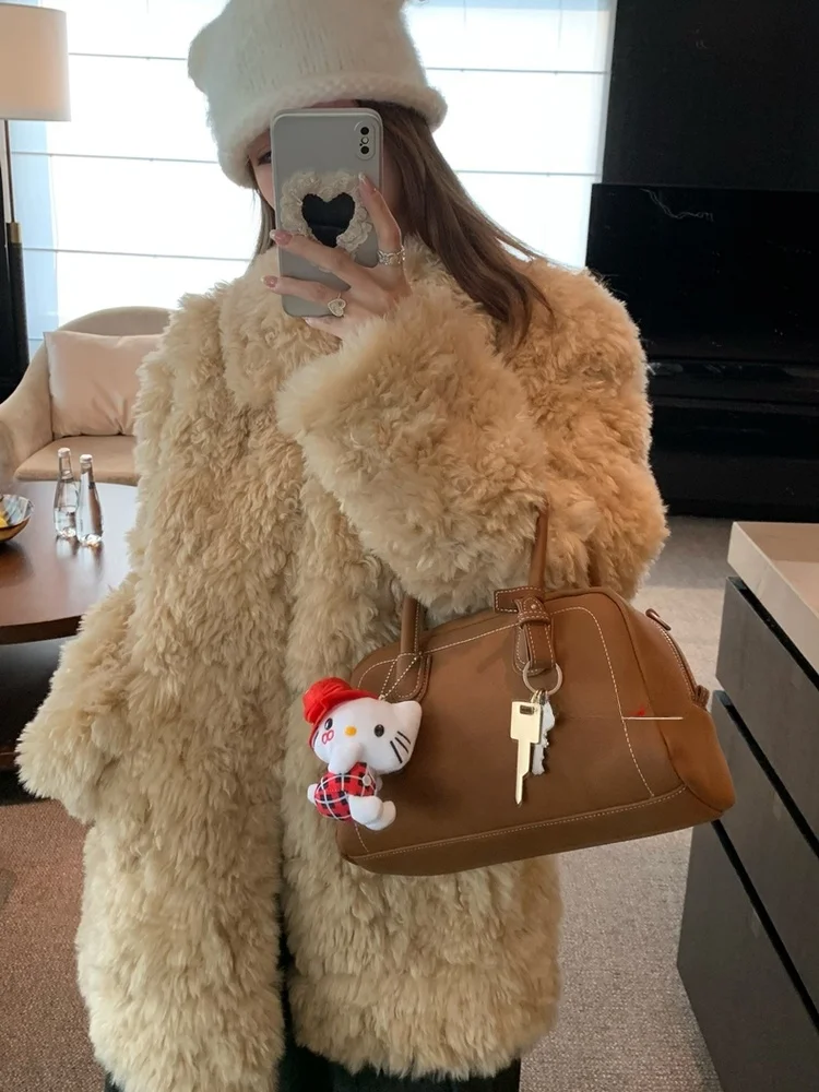 Eco-Friendly Women's Winter Jacket Lamb Fur Integrated Fluffy Soft Feminine Fashionable Minimalist Style Mid-Length Coat