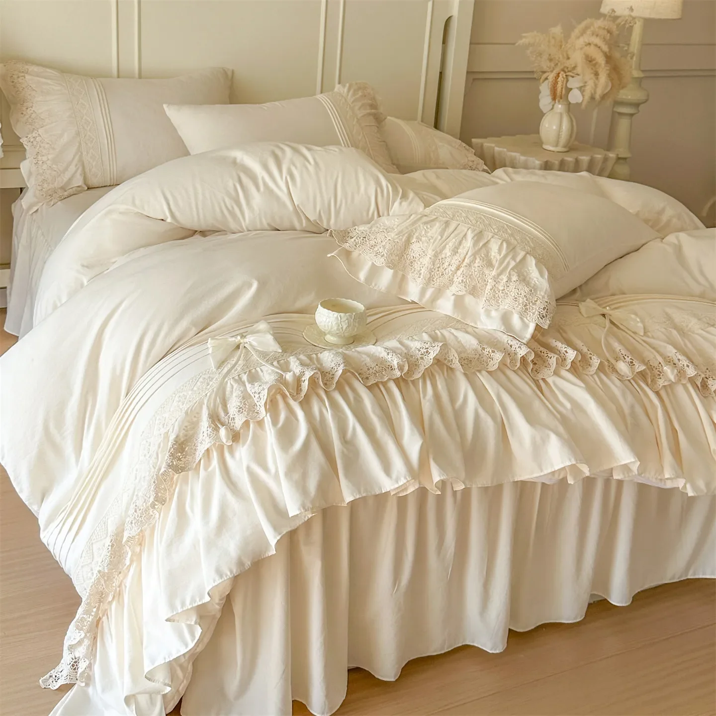 Beige Washed Cotton Bedding Sets Luxury Lace Bow Embroidery Princess Duvet Cover Bedspread Bed Skirt Pillowcases Home Textile