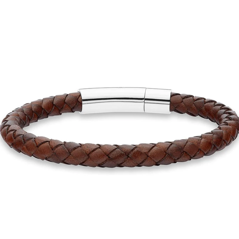 Pulseira de couro trançado genuíno para homens filho pai namorado, fecho de aço inoxidável