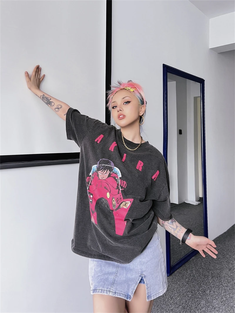 New VTG AKIRA Cyberpunk Cartoon Vintage T-Shirt Summer Washed 100% Cotton Loose High Street Casual Men and Women Short Sleeve