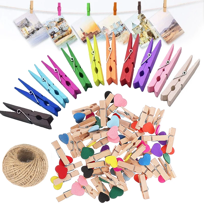 50pcs Smalll size Mini Wooden Clips 25/30mm Coloful Clips Photo Clips for sheets DTY Clothespin Craft Decor Clips+30m rope