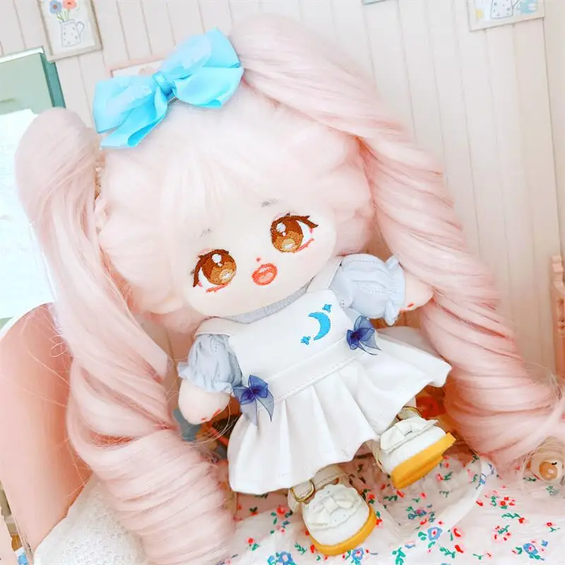 20cm Kawaii Pink Hair Girls Plush Doll Cute Blue White Moon Dress Suit 3Pcs DIY Clothes Accessory Anime Stuffed Cotton Dolls Toy