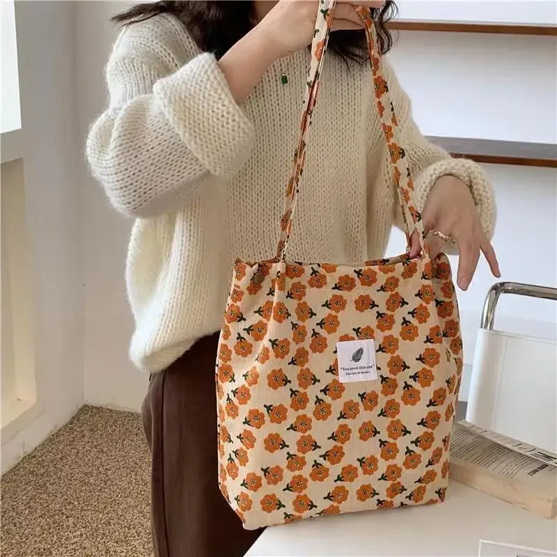 Corduroy Shoulder Bag Women Printed Cotton Cloth Large Capacity Handbag Eco Shopping Bag Ladies Reusable Totes Bags Handbags