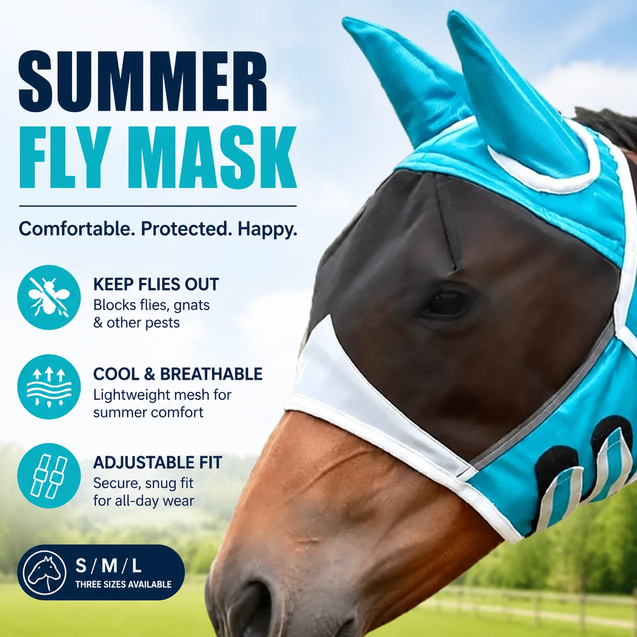 

Horse Fly Mask for Summer, Adjustable Quick-Dry Breathable Polyester Horse Face Cover, Blue/Black, S/M/L